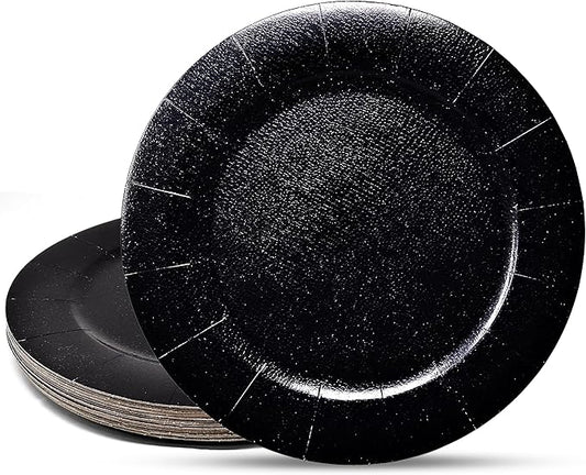 Gift Boutique 24 Pcs Black Round Disposable Charger Plates 13" Heavy Duty Dinner Serving Tray Paper Cardboard Platters for Table Setting Place Mats