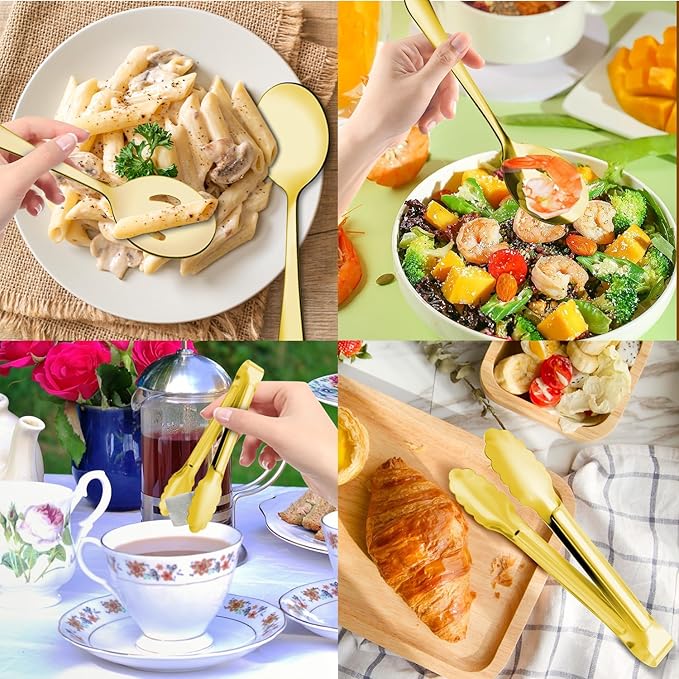 12PCS Gold Stainless Steel Serving Utensils Sets - Large Serving Spoons,Slotted Spoons,Serving Tongs,Utensills Sets for Buffet Catering Banquet Party