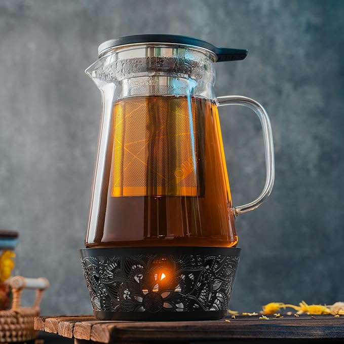 Elegant Glass Teapot with Built-In Tea Infuser & Stainless Steel Candle Warmer Base - 1000ml, Premium Gift Set for Tea Lovers, Perfect for Brewing and Keeping Tea Warm