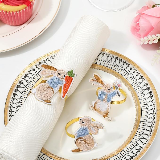 Lewondr Easter Bunny Napkin Rings, Napkin Rings Set of 6, Easter Table Decoration, Designed with Rabbit Elements for Festival, Birthday, Wedding Party, Banquet, Serviette for Spring, Thanksgiving Day