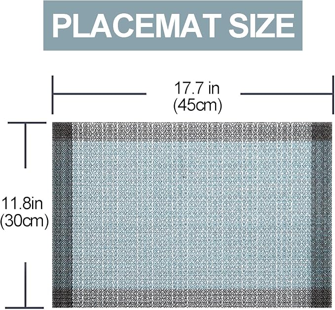 Placemats,PlasticVinyl Washable Heat-Resistant Durable PVC Non-Slip Woven for Kitchen Dining Table Mats (Set of 6, Blue Silver)