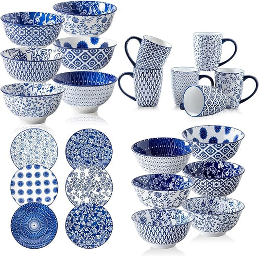 24 Pieces Ceramic Dinnerware - 12 Oz Dessert Bowls and 8.5 Inch Salad Plates and 24 Oz Cereal Bowls and 16 Oz Coffee Mugs Sets - Service for 6 - Vintage Blue