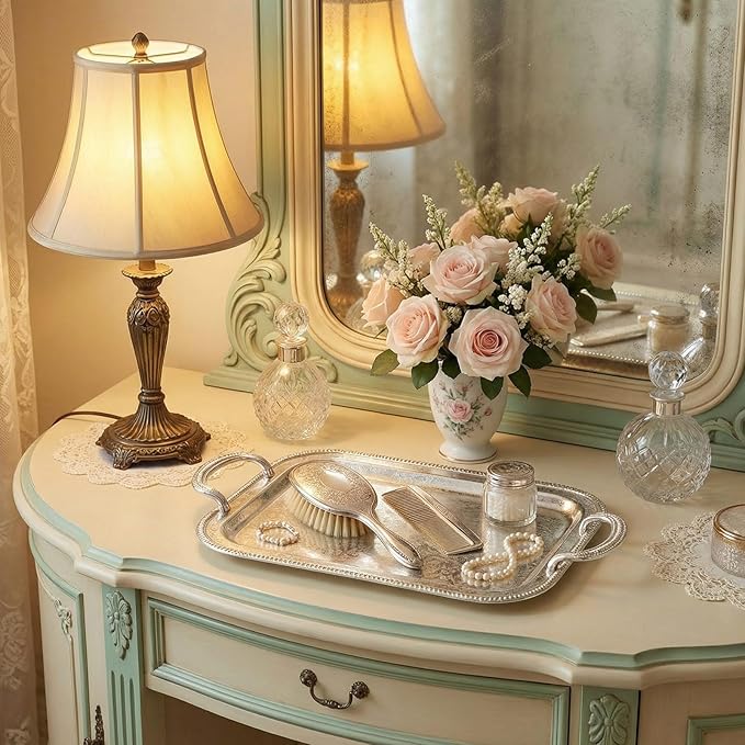 4 Pcs Silver Serving Tray with Handles Elegant Victoria Floral Engraved Metal Platters Large Decorative Trays for Buffet,Wedding Party, Jewelry Display, Service(Retro,Sliver)