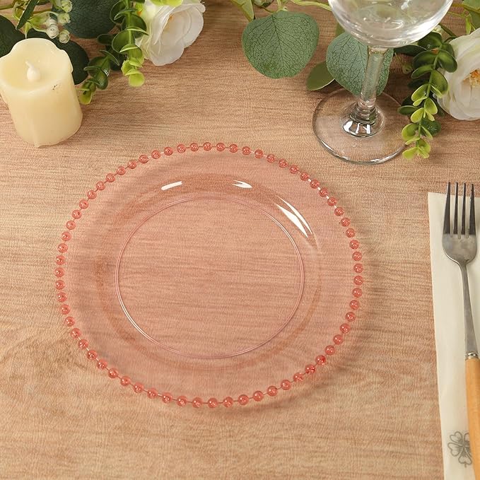 10" Dinner Plates - Set of 20 - Plastic Transparent Blush Round Disposable Plate Beaded Rim, Ideal for Decoration Party Wedding Bulk Events