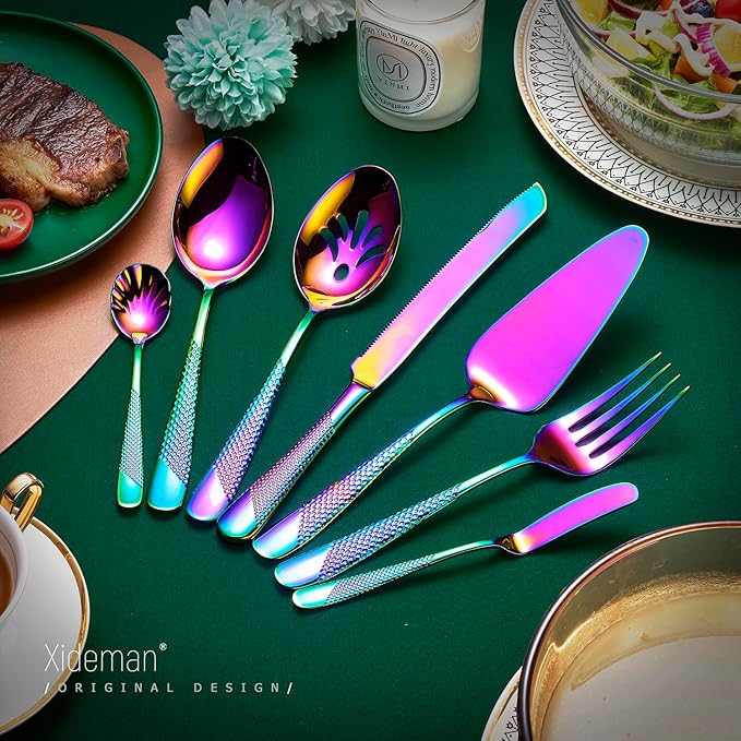 Xideman® 7-Piece Premium Hammered 18/10 Stainless Steel Silverware Serving Utensil Set - Iridescent Hostess Serveware Set with Cake Knife & Cake Server for Parties, Catering, Kitchen, Buffet (Rainbow)