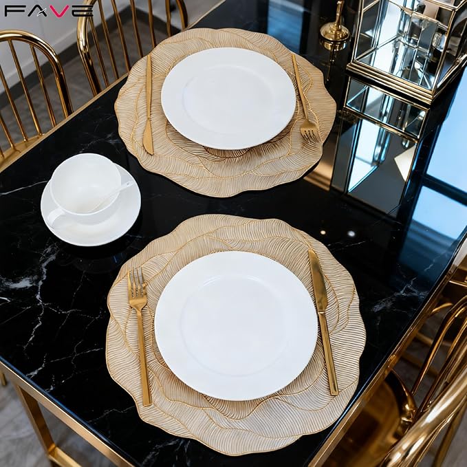 FAVE 6PCS Floral Placemats Golden Placemats Vinyl Placemats Set of 6 for Dining Table Durable Table Mats for Wedding, Banquet, Birthday, Party, Restaurant Decorations（15 x15,Gold Rose）