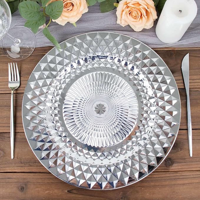 Efavormart 6 Pack | 13" Sparkling Silver Diamond Disposable Dinner Serving Plates, Shiny Round Plastic Charger Plates