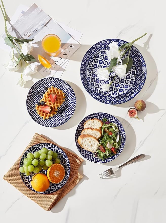 Salad Plates, Blue and White Dessert Plates, 8 Inch Colorful Ceramic Dish Set for Pasta, Set of 6, Dishwasher & Microwave Safe