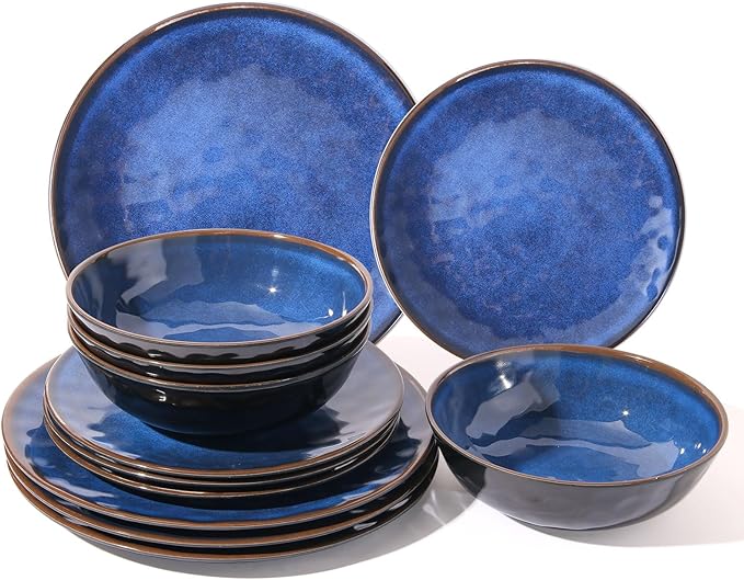 Rustic Farmhouse 12 Piece Melamine Dinnerware Sets - Service for 4, Lightweight Dinnerware with Plates and Bowls Sets, for Indoor and Outdoor Use, Unbreakable Kitchen Plates and Bowls (4, Blue)
