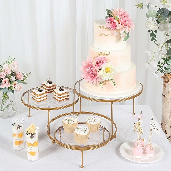 Tableclothsfactory 23" 3-Tier Gold Metal Cupcake Stand with Clear Round Acrylic Plates, Dessert Cake Display Holder