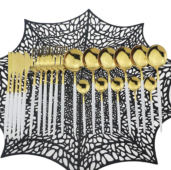 Shiny Silverware Sets, 24-Piece Elegant Cute White Handle Gold Cutlery set,304 Stainless Steel Silverware Set for Eating Home Kitchen Hotel Restaurant, Sets for 6 People, Dishwasher Safe
