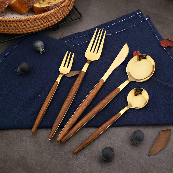 20-piece Wood Silverware Set for 4, Include Knife Fork Spoon, Stainless Steel Flatware Set with Wooden Handle, Mirror, Dishwasher Safe, for Home Kitchen Travel - Round Handle Gold