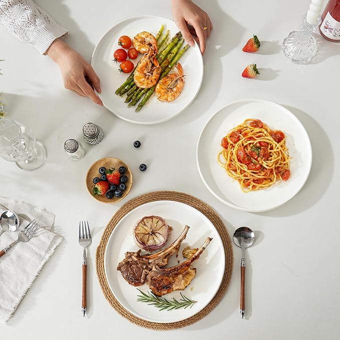 12 Piece Ceramic Dinnerware Set for 4, Modern Minimalist Stoneware Dinner Plates and Bowls, Microwave Safe, Dishwasher Safe, Versatile for All Seasons, Matte White