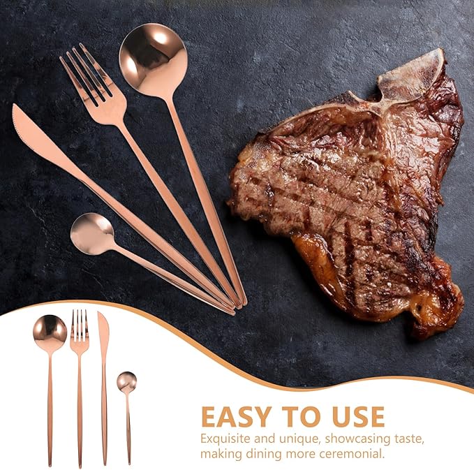 Zerodeko 24pcs Stainless Steel Flatware Set Rose Gold Plated Steak Fork Spoon Cutter Tea Spoon Black Box Serving Utensil Set for Parties and Western Dinnerware