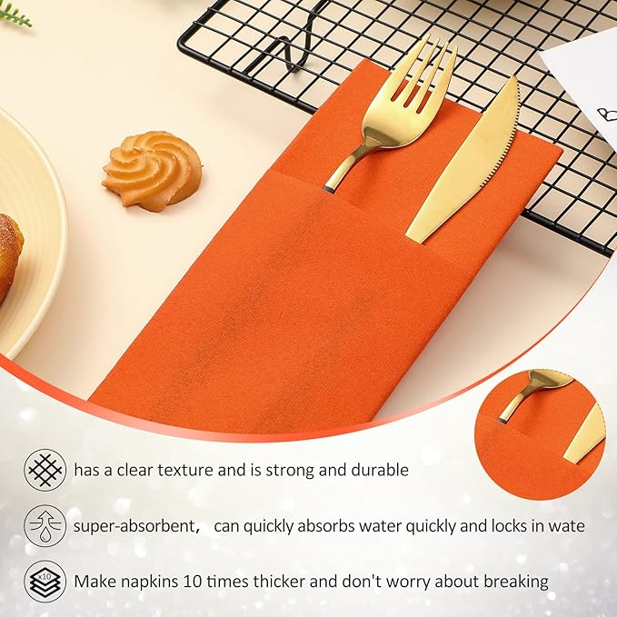 Cindeer 150 Pcs Orange Linen Dinner Feel Napkins with Built in Flatware Pocket Prefolded Paper Disposable Airlaid Guest Hand Towel for Silverware Wedding Reception Christmas Baby Shower