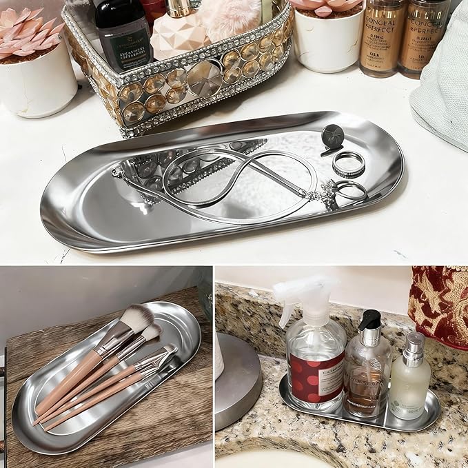 10 Pack 9 Inch Oval Stainless Steel Decorative Tray, Stainless Steel Tea Fruit Tray, 9 inch Silver Oval Trays for Bathroom Vanity, Jewelry, Perfume & Key Organizer (Silver)