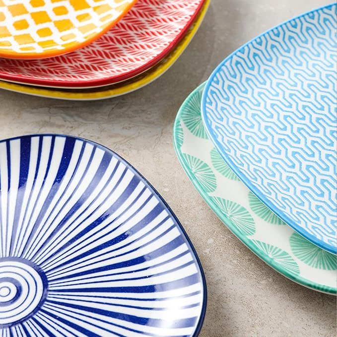 Selamica Porcelain Square Dessert Salad Pasta Steak Plates 10 inches ceramic plates set of 6 microwave/dishwasher/oven safe, Assorted Colors