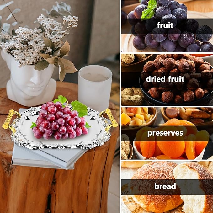 European Style Vintage Thickened Round Stainless Steel Serving Tray with Handles for Hotels Restaurants Home Dining Table Snack Fruit Food Platter