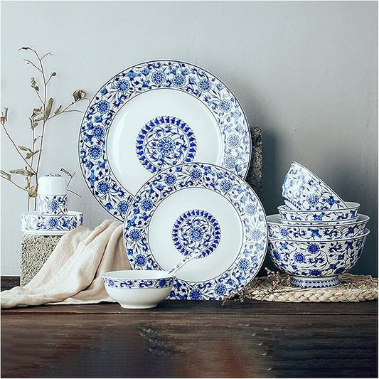 Dining Plate Set Ceramics Dinner Sets 26 Pieces Blue and White Porcelain Dinnerware Set | Gift Box Steak Plate Cereal Bowl and Soup Bowl,A