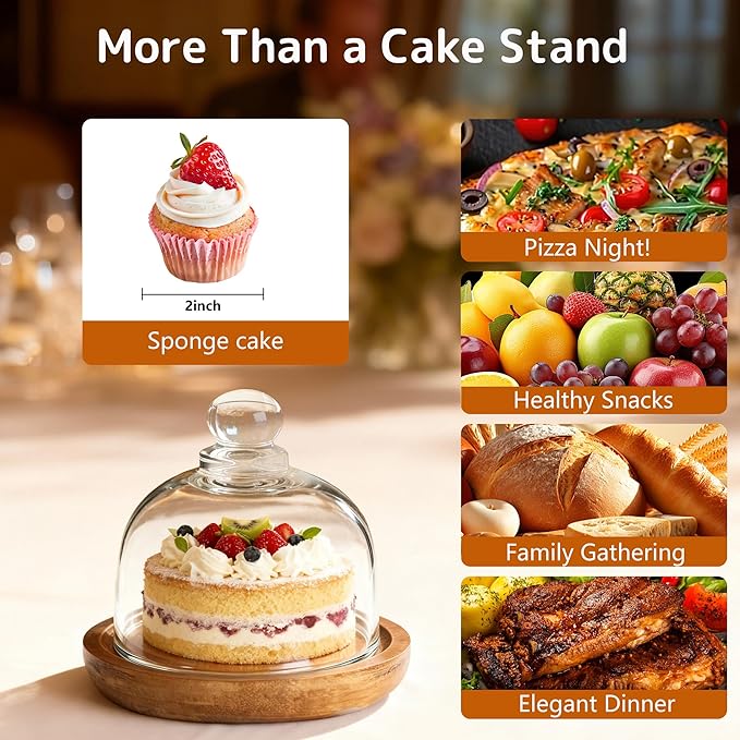 2 Pack Ultra Mini Wooden Base Cake Display Stand with Glass Dome,Cloche Clear Glass Bell Jar Cover for Dessert Cheese Candy Plants Succulents (4.1 x 3.7 inch)