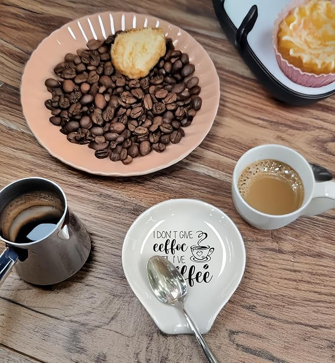 Coffee Spoon Rest, Coffee Bar Accessories & Spoon Holder, I DON'T GIVE EEFFOC UNTIL I 'VE HAD MY COFFEE Ceramic Spoon Holder for Coffee Lovers Gifts for Friend Wife Husband Sister (White-1)
