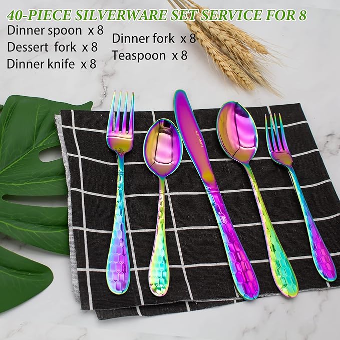 Rainbow Flatware Cutlery Silverware Set 40 Pieces, 18/10 Stainless Steel Colorful Utensils, Tableware Flatware Set Service for 8, Include Knife/Fork/Spoon, Mirror Polished, Dishwasher Safe (Rainbow)…