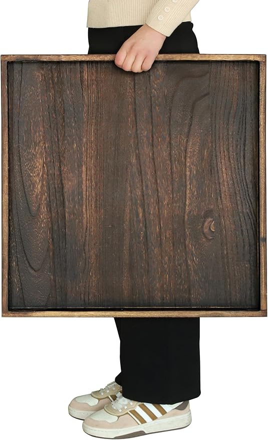 Rustic Wooden Serving Tray 24" Square - Extra Large Square Ottoman Table Tray for Farmhouse Decorative Oversized Coffee Table Trays Living Room Kitchen Counter Breakfast Brown