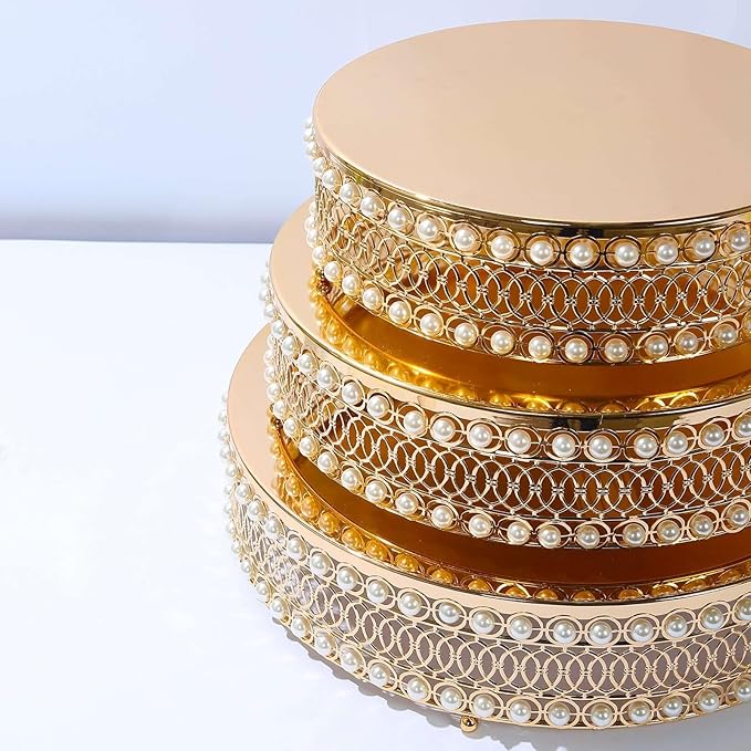 Efavormart Set of 3 Pearl Beaded Gold Metal Cake Stands with Mirror Top, Stackable Round Cupcake Holder Dessert Display Stands - 12",14",16"