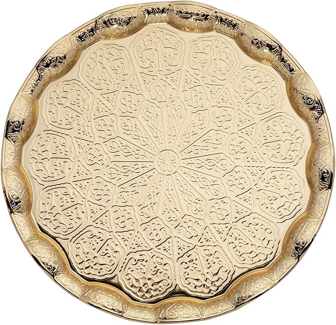 Alisveristime Turkish Ottoman Coffee Tea Serving Tray – 13.60 inches, Metal with Traditional Motifs, Available in Five Colors (Gold)