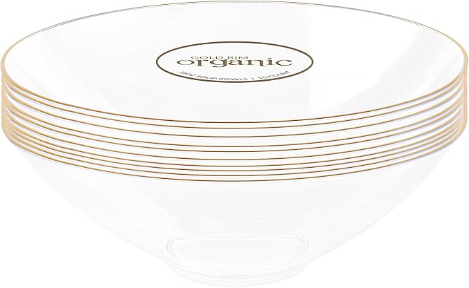 [16 OZ 20 Count] Clear Plastic organic Party Soup bowls With Gold Rim Premium heavyweight Elegant Disposable Tableware Dishes