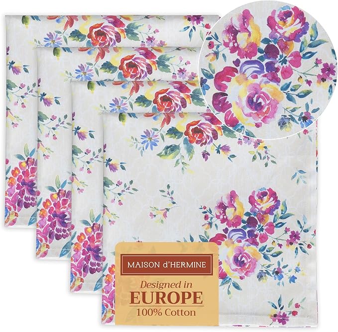 Maison d' Hermine Cloth Napkins Set of 4 100% Cotton Everyday Reusable Square Napkins Cloth Washable, Dinner, Party, Wedding, Restaurant, Spring/Summer (Rose Garden, 20" x 20")