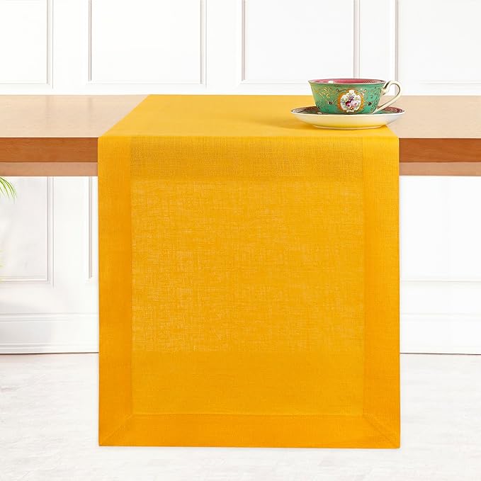 D'Moksha Homes Linen Table Runner 54 Inches - 100% Pure Linen Sunflower Yellow Table Runner 14 x 54 Inch for Dresser, Coffee Tables, Winter, Christmas, Holiday, New Year - Machine Washable
