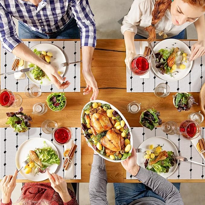 Placemats Set of 8 for Dining Table, Woven Cloth Place Mats for Modern Boho Farmhouse Kitchen Tabletop Decor, Rectangle Washable Polyester-Cotton Table Mats, Black and White Placemats, 13×17.5 inch
