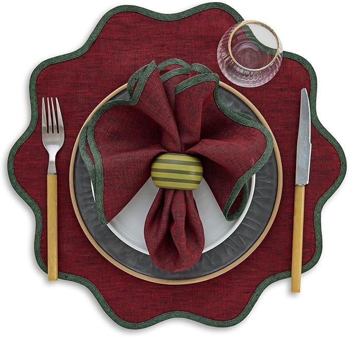 Solino Home Linen Scallop Cloth Napkins Set of 4-100% Pure Linen Forest Green and Red Garnet Dinner Napkins 20 Inch - Giselle Scallop Edge, Handcrafted and Machine Washable