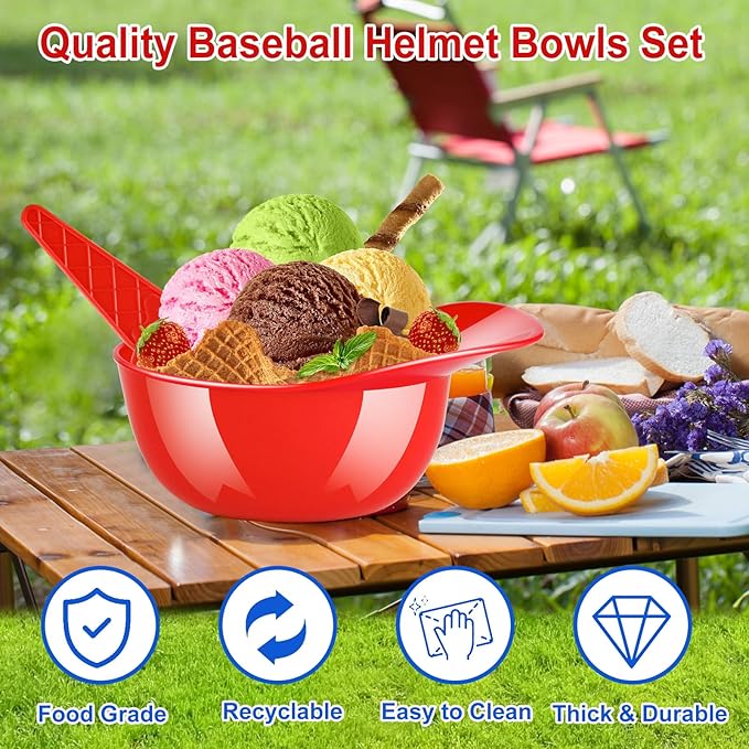 MEEZY 16 Set Baseball Helmet Ice Cream Bowls with 8 Mini Dessert Cups and 8 Spoons, 8oz Reusable Baseball Cap Snack Dessert Cup Bowls Baseball Party Favors for Kids Sports Birthday Party Supplies