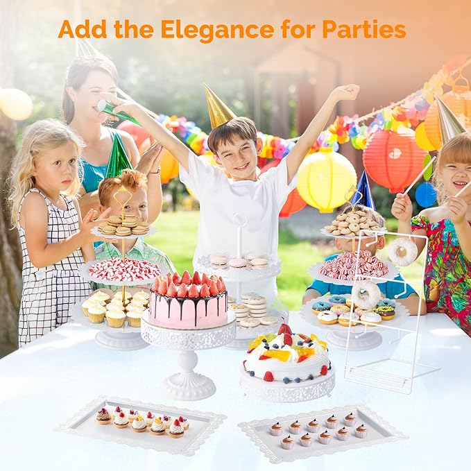 ROVSUN 12PCS Dessert Table Display Set, Metal Cake Stand Set with Donut Stand, Tiered Cupcake Holder Fruit Candy Plate with Cutting Knife Serving Tongs for Wedding, Birthday Party Baby Shower, White
