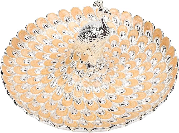Peacock Shape Fruits Serving Tray, Zinc Alloy Fruits Storage Dish Trinket Decorative Plate with Detachable Peacock, for Vegetables, Snacks, Bread, Candy (Silver Orange)