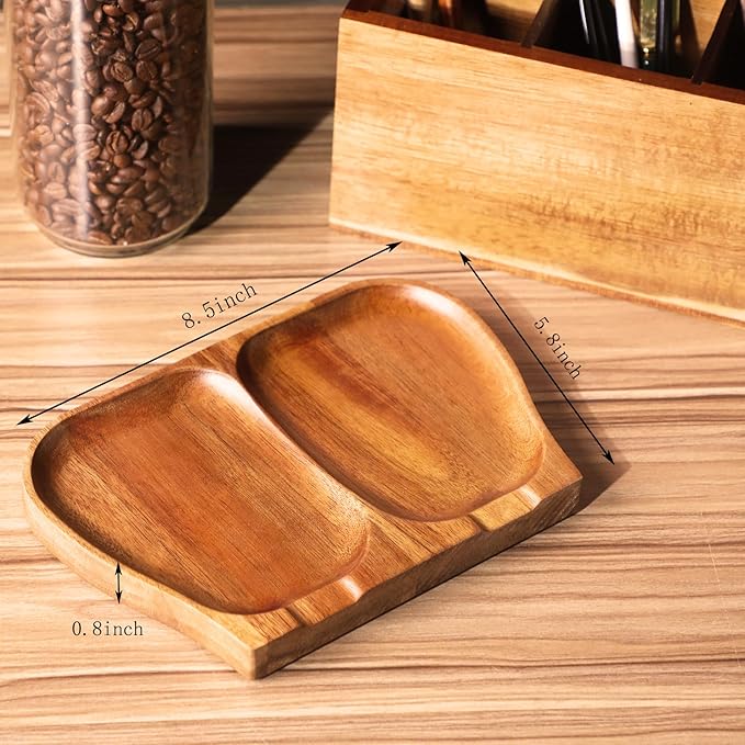 Large Acacia Wood Spoon Rest, Double Wooden Spoon Holder With Non Slip Silicone Feet, Handmade Kitchen Rest for Kitchen Countertop (Brown)