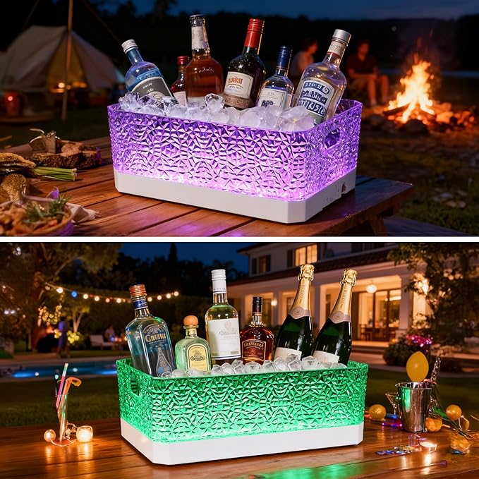 LED Light Up Plastic ice buckets for parties 15L large Clear beverage tub 7-color LED light ice buckets For Champagne Beer Cocktails Family Gathering Bar Nightclub Essential (Diamond texture)