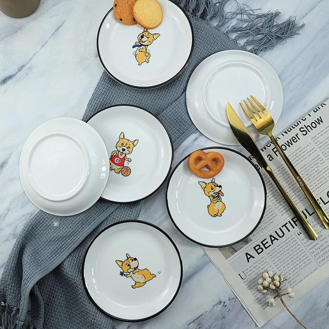 Cute Cartoon Animals Pattern Ceramic Sauce Dishes, Seasoning Dishes, Sushi Soy Dipping Bowls, Appetizer Plates, Dessert Plates, Little Cat Bird Feeding Bowls, Set of 6-Cute Corgi-5 Inch