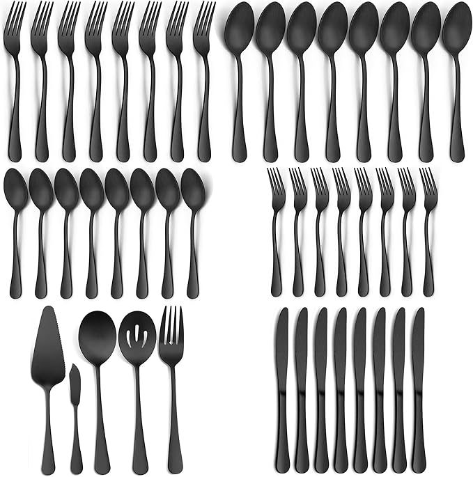 Vesteel 45 Pieces Black Silverware Set with Serving Utensils, Stainless Steel Modern Flatware Cutlery Set for 8, Eating Utensils Tableware Include Forks Knives Spoons, Mirror Polished