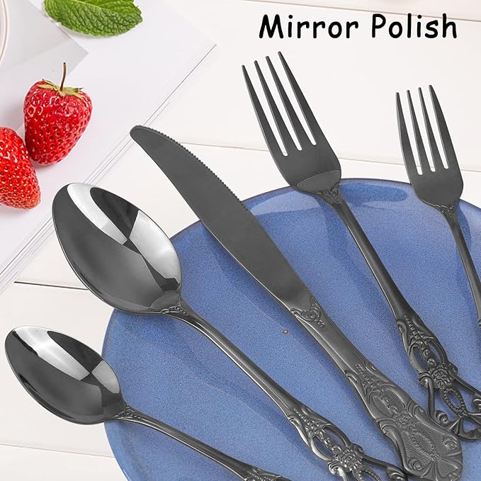 Retro Royal Black Silverware Set With Gift Box For 8 Cutlery Set Utensils Stainless Steel Flatware 40 Pieces MIKIWAY Kitchen Tableware Set For Gifts Festive, Dishwasher Safe, Mirror Polishing