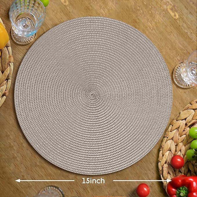 FunWheat Round Braided Placemats Set of 8 Table Mats for Dining Tables Woven Washable Non-Slip Place mats 15 inch(Taupe, 8pcs)