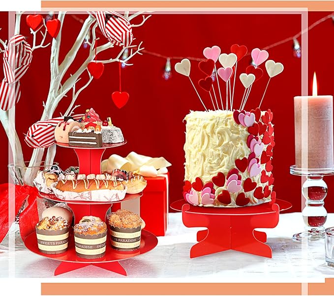 Zopeal 7 Pcs Dessert Table Display Set 3-Tier Cupcake Stand 1-Tier Cup Cake Display Tower Platters and Serving Trays Cardboard Cake Cookie Holders for Wedding Birthday Party Baby Shower(Red)