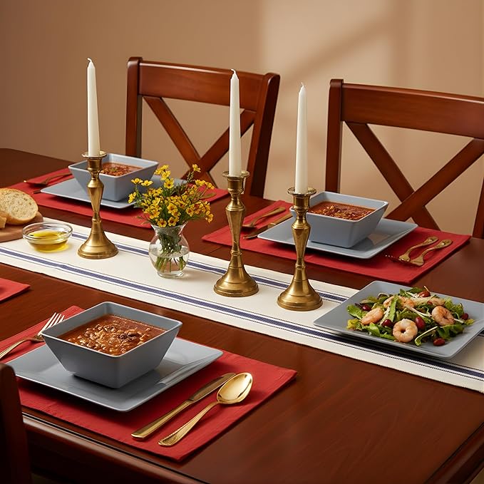 TP 12-Piece Dinnerware Set, Melamine Dishes Set with Bowls and Plates, Non-breakable and Lightweight Square Dinner Set for 4, Grey