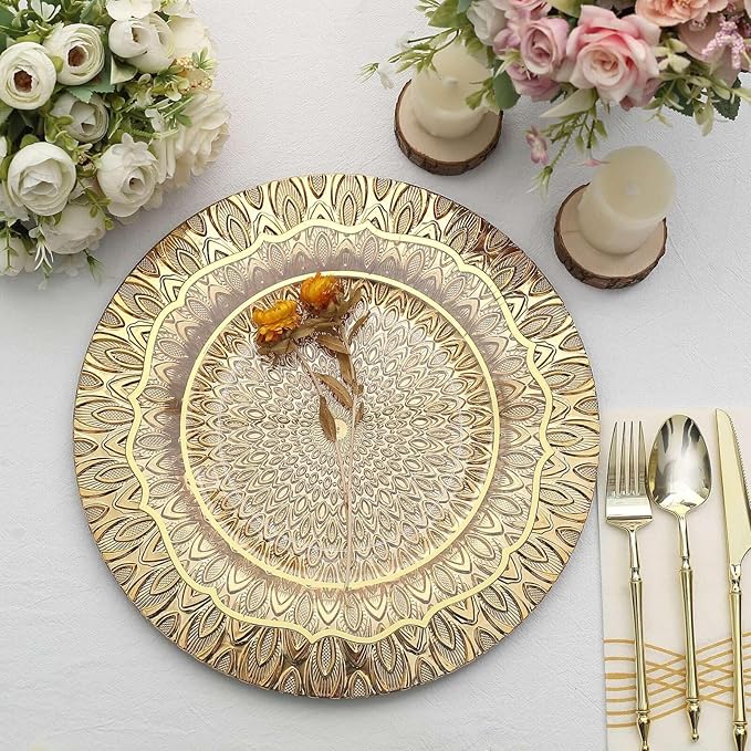 Efavormart 6 Pack | 13" Gold Embossed Peacock Design Plastic Serving Plates, Round Disposable Charger Plates