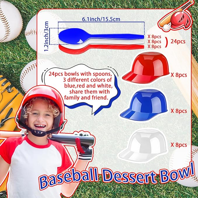 24Pcs Baseball Helmet Bowl,8oz Mini Dessert Bowls with Spoons,Reusable Appetizer Cups for Ice Cream,Snacks,Cake,Pudding,Yogurt,Birthday Party Supplies(Red,Blue,White)