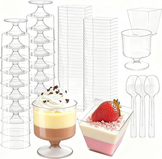 100 Pack 2 oz Mini Plastic Dessert Cups with Spoons, Disposable Clear Goblet Pudding Parfait Jello Shooter Cups Party Serving Bowls, Small Square Tasting Cups for Fruit Trifle Ice Cream Yogurt