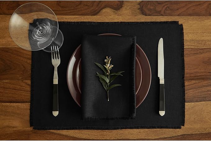 Solino Home Black Linen Napkins Set of 4-100% Pure Linen Cloth Washable Dinner Napkins 20 x 20 Inch for Christmas, New Year - Fringe