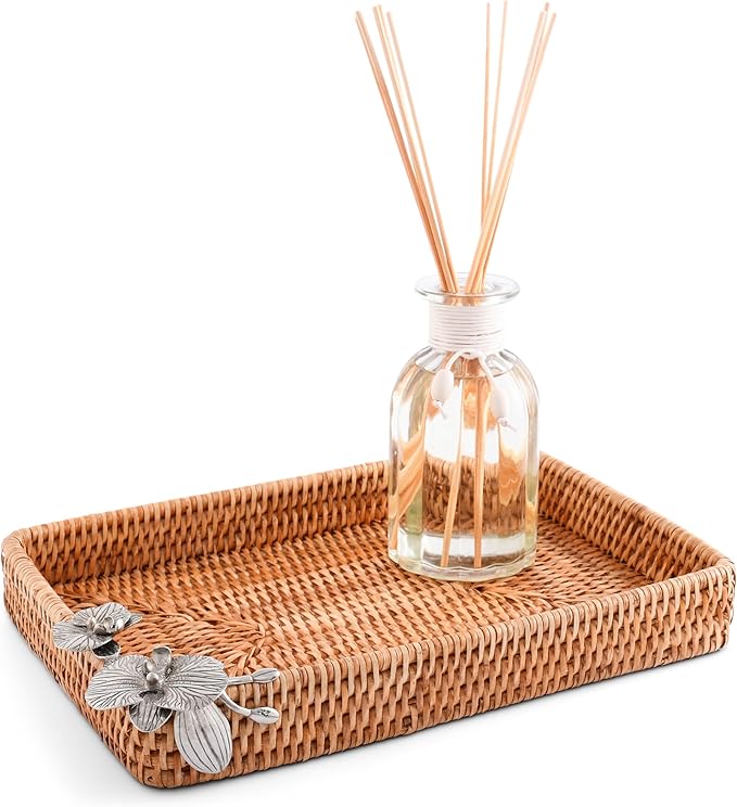 Vagabond House Handmade Wicker Tray, Small Rectangle Catchall Tray with Pewter Orchid Detail, Rattan Tray Woven Handmade Priemer Rattan Tray 12 X 9 Inches Small Designer Statement Tray